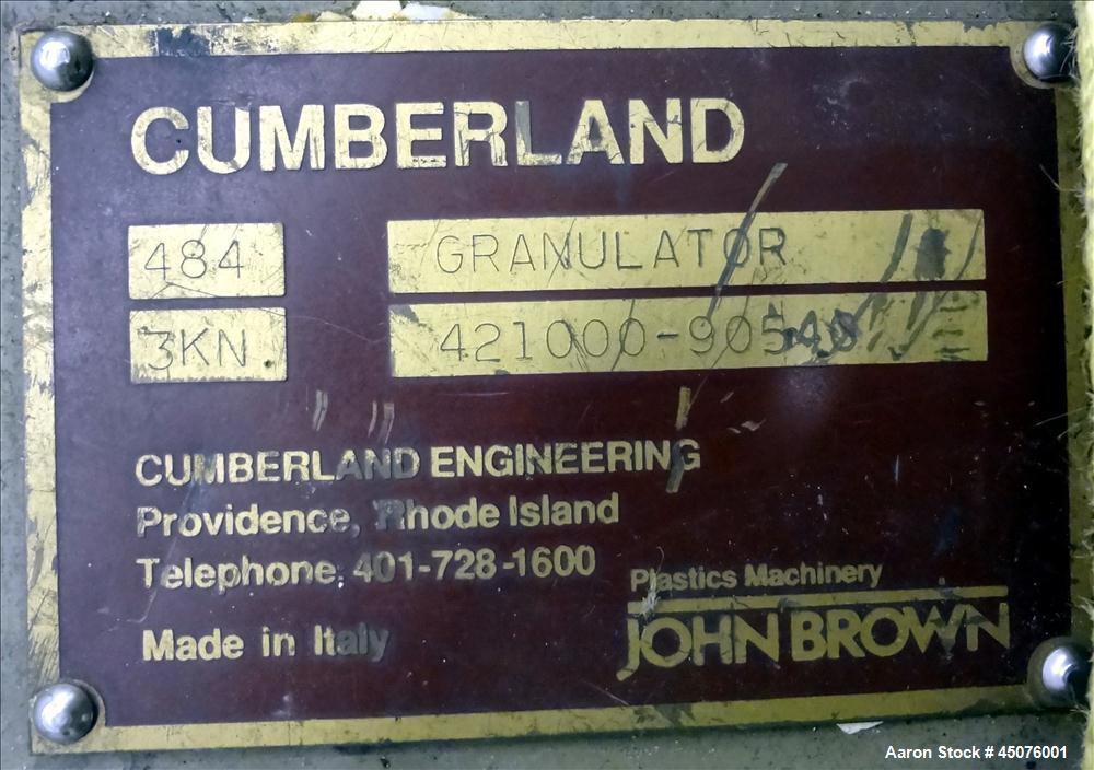 Used Cumberland Granulator, Model 484-3KN. Approximate 16" x 14" feed opening with tilt back pelican hopper. 3 Bolt on blade open rotor, set up for blower bottom discharge. Driven by a 15hp, 3/60/208...