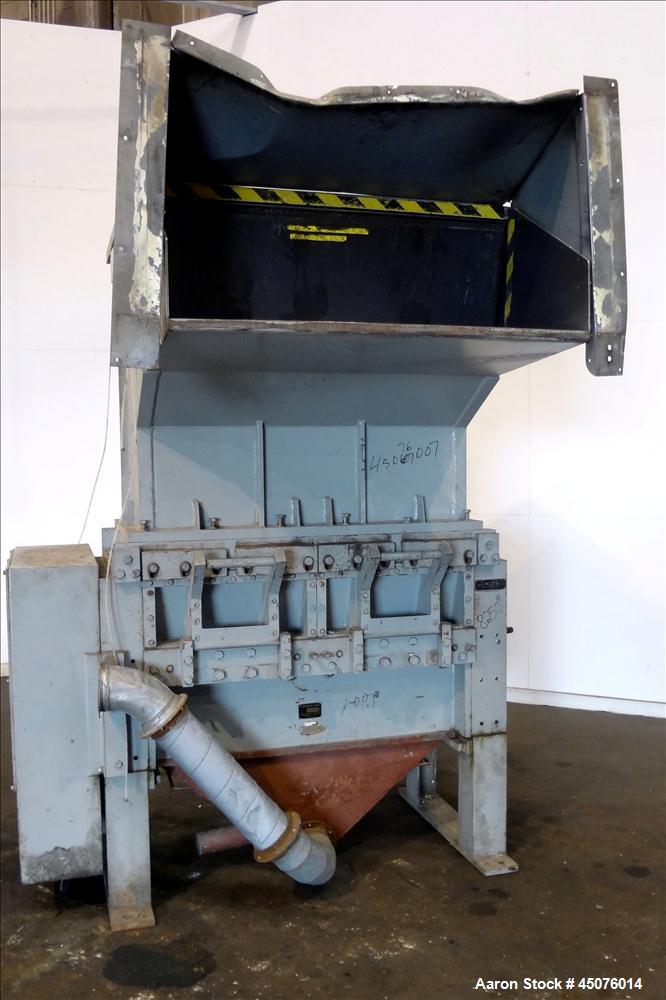 Used Cumberland Granulator, Model 50 Gran. 7KN. Approximate 50" x 25" feed opening with a bolt on hopper. Approximate 25" diameter cutting circle with 7 rows of 2 bolt on blades, open rotor, set up f...