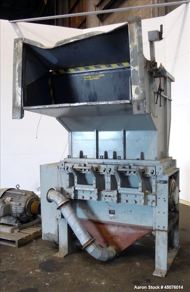 Used Cumberland Granulator, Model 50 Gran. 7KN. Approximate 50" x 25" feed opening with a bolt on hopper. Approximate 25" diameter cutting circle with 7 rows of 2 bolt on blades, open rotor, set up f...