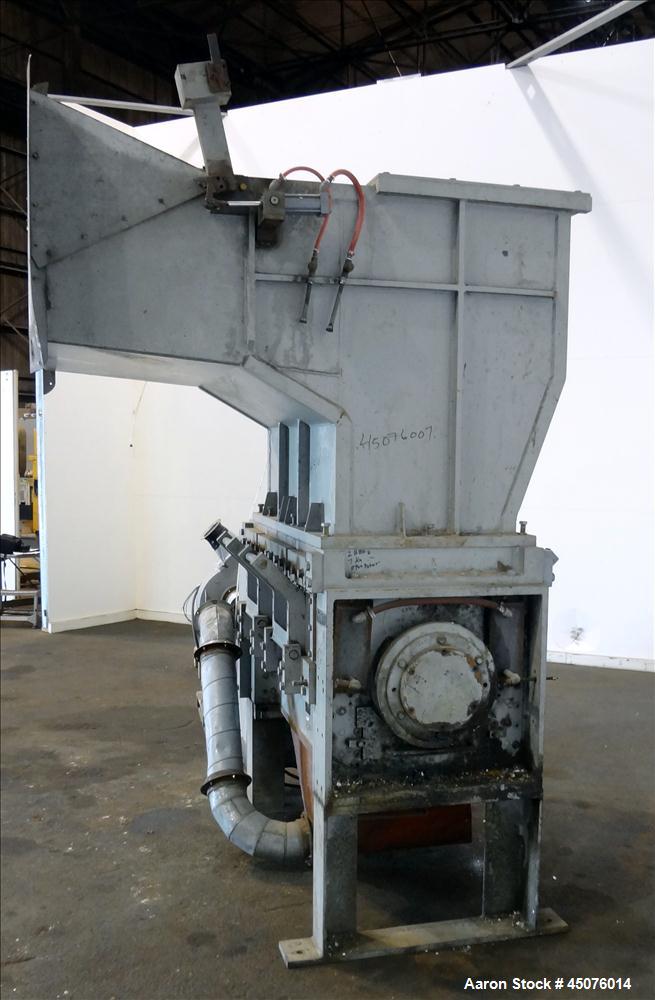 Used Cumberland Granulator, Model 50 Gran. 7KN. Approximate 50" x 25" feed opening with a bolt on hopper. Approximate 25" diameter cutting circle with 7 rows of 2 bolt on blades, open rotor, set up f...
