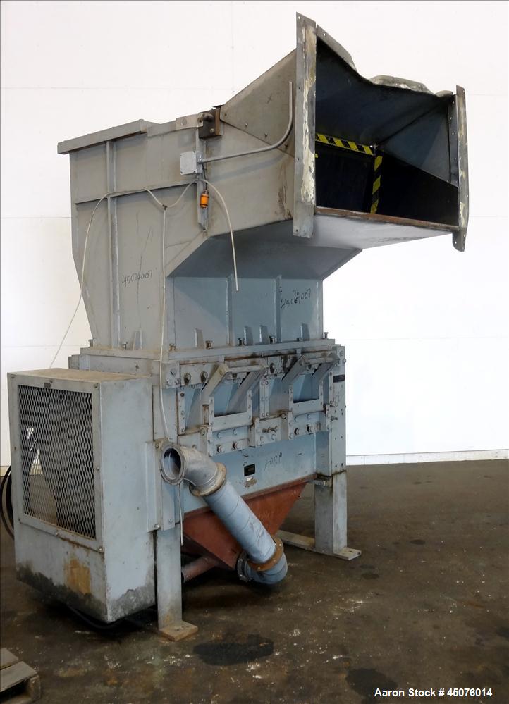 Used Cumberland Granulator, Model 50 Gran. 7KN. Approximate 50" x 25" feed opening with a bolt on hopper. Approximate 25" diameter cutting circle with 7 rows of 2 bolt on blades, open rotor, set up f...