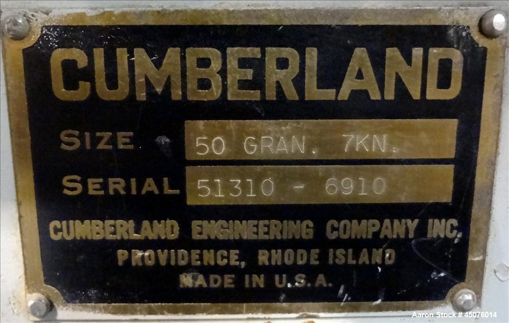 Used Cumberland Granulator, Model 50 Gran. 7KN. Approximate 50" x 25" feed opening with a bolt on hopper. Approximate 25" diameter cutting circle with 7 rows of 2 bolt on blades, open rotor, set up f...
