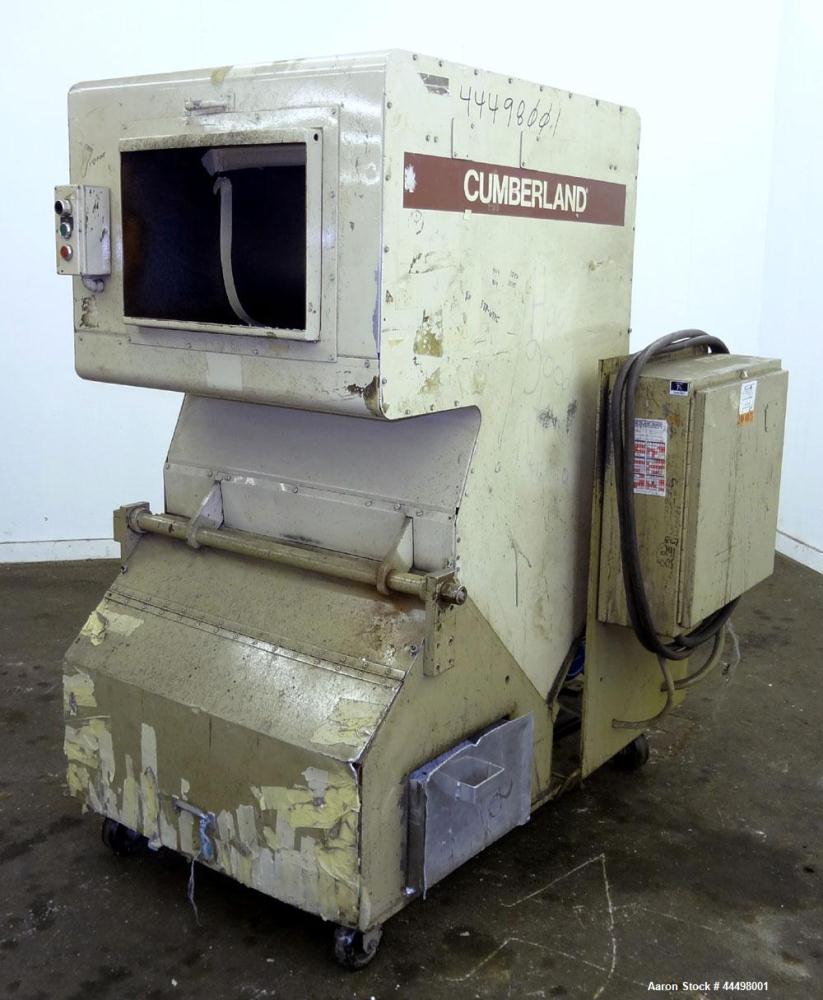 Used Cumberland Granulator, Model 585-3KN.  Approximately 20” x 14” feed opening with tilt back feed hopper. Approximately 12” diameter x 20” wide (3) bolt on blade open rotor.  Bottom discharge with...