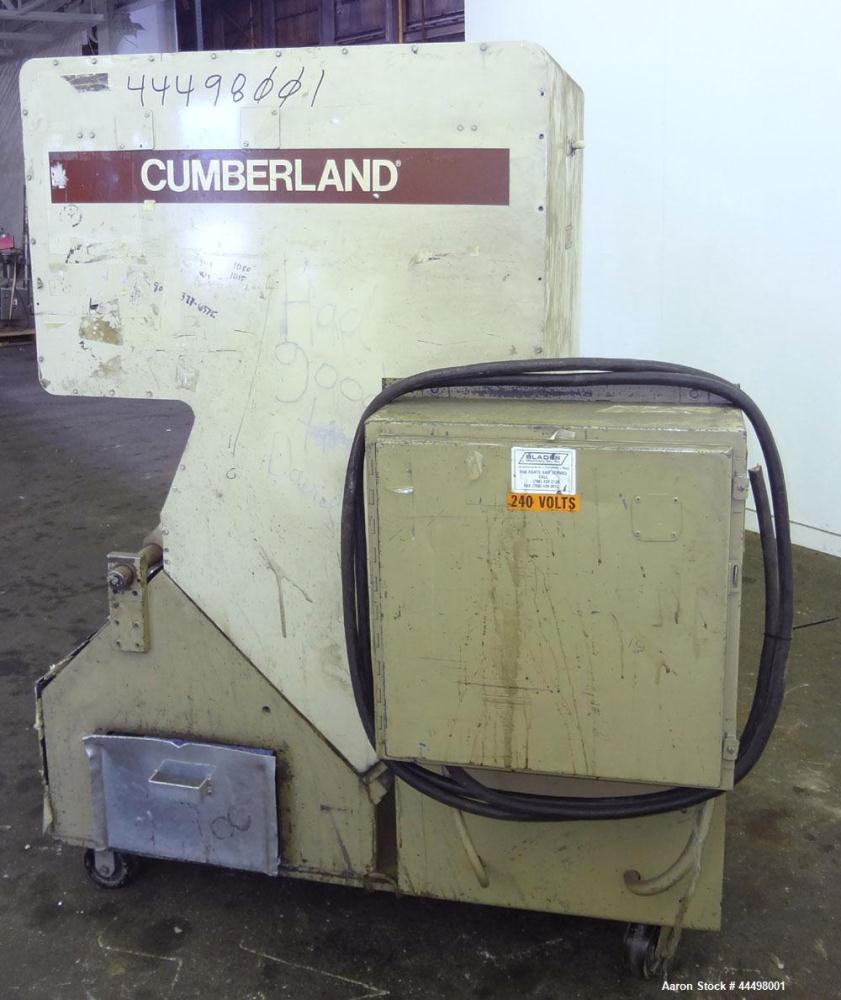 Used Cumberland Granulator, Model 585-3KN.  Approximately 20” x 14” feed opening with tilt back feed hopper. Approximately 12” diameter x 20” wide (3) bolt on blade open rotor.  Bottom discharge with...