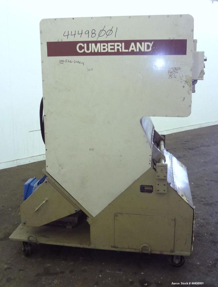 Used Cumberland Granulator, Model 585-3KN.  Approximately 20” x 14” feed opening with tilt back feed hopper. Approximately 12” diameter x 20” wide (3) bolt on blade open rotor.  Bottom discharge with...