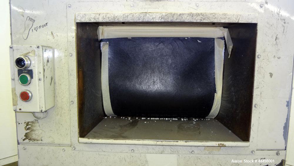 Used Cumberland Granulator, Model 585-3KN.  Approximately 20” x 14” feed opening with tilt back feed hopper. Approximately 12” diameter x 20” wide (3) bolt on blade open rotor.  Bottom discharge with...
