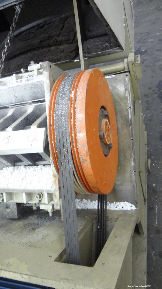 Used Cumberland Granulator, Model 585-3KN.  Approximately 20” x 14” feed opening with tilt back feed hopper. Approximately 12” diameter x 20” wide (3) bolt on blade open rotor.  Bottom discharge with...