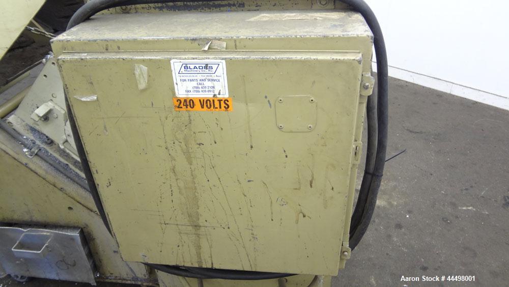 Used Cumberland Granulator, Model 585-3KN.  Approximately 20” x 14” feed opening with tilt back feed hopper. Approximately 12” diameter x 20” wide (3) bolt on blade open rotor.  Bottom discharge with...
