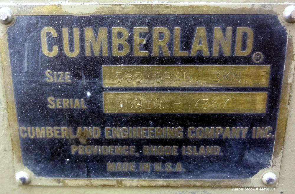 Used Cumberland Granulator, Model 585-3KN.  Approximately 20” x 14” feed opening with tilt back feed hopper. Approximately 12” diameter x 20” wide (3) bolt on blade open rotor.  Bottom discharge with...