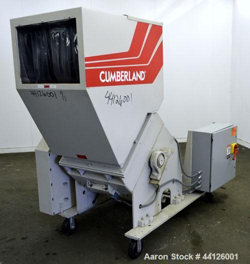 Used Cumberland Grinder, Model G1624, Carbon Steel. Approximately 16” x 24” feed opening with a manual tilt back pelican style feed hopper. 3 Bolt-on blade open rotor, (2) bed knives. Approximately 1...