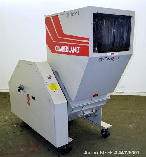 Used Cumberland Grinder, Model G1624, Carbon Steel. Approximately 16” x 24” feed opening with a manual tilt back pelican style feed hopper. 3 Bolt-on blade open rotor, (2) bed knives. Approximately 1...