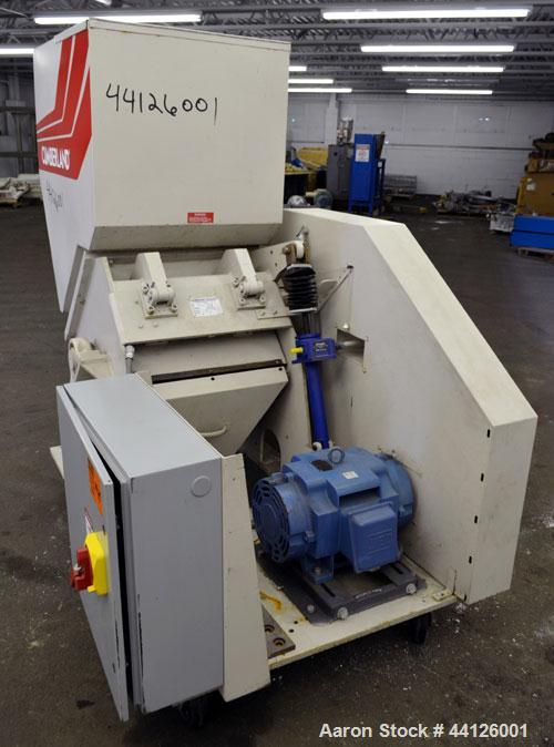 Used Cumberland Grinder, Model G1624, Carbon Steel. Approximately 16” x 24” feed opening with a manual tilt back pelican style feed hopper. 3 Bolt-on blade open rotor, (2) bed knives. Approximately 1...
