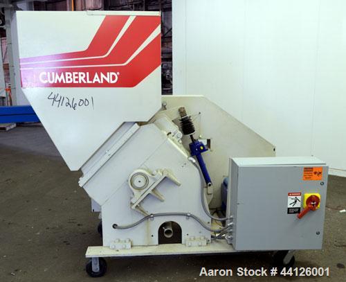 Used Cumberland Grinder, Model G1624, Carbon Steel. Approximately 16” x 24” feed opening with a manual tilt back pelican style feed hopper. 3 Bolt-on blade open rotor, (2) bed knives. Approximately 1...