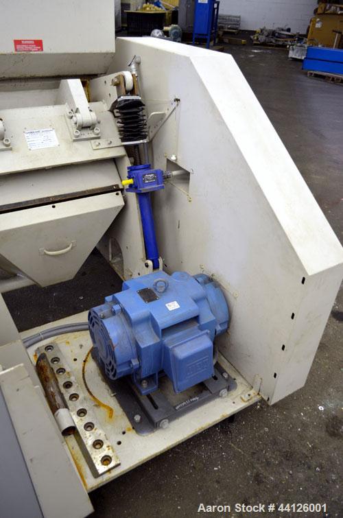 Used Cumberland Grinder, Model G1624, Carbon Steel. Approximately 16” x 24” feed opening with a manual tilt back pelican style feed hopper. 3 Bolt-on blade open rotor, (2) bed knives. Approximately 1...