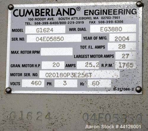 Used Cumberland Grinder, Model G1624, Carbon Steel. Approximately 16” x 24” feed opening with a manual tilt back pelican style feed hopper. 3 Bolt-on blade open rotor, (2) bed knives. Approximately 1...