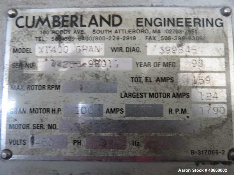 Used Cumberland Granulator, Model X1400, Carbon Steel.