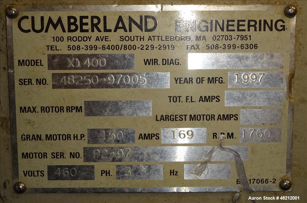 Used Cumberland X-Series  Granulator,  Model X1400. Approximate 24" x 56" feed throat with a tilting feed hopper. 5 Knife twin shear / high shear rotor, 2 bed knife, belt driven by a 150 hp 3/60/460 ...
