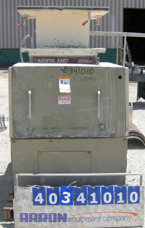 Used Cumberland grinder. Approximately 10" diameter x 24" wide 3 bolt-on blade open rotor. 13" x 19" top feed hopper, bottom discharge with screen. Driven by a 30 hp, 3/60/230/460 volt, 1760 rpm XP m...