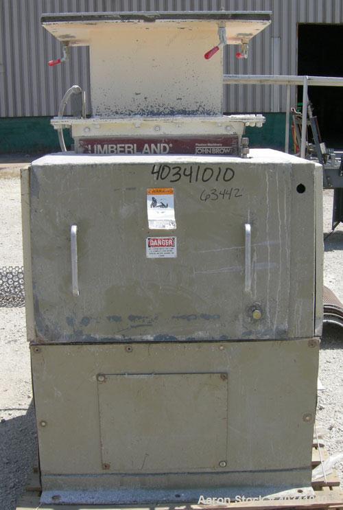 Used Cumberland grinder. Approximately 10" diameter x 24" wide 3 bolt-on blade open rotor. 13" x 19" top feed hopper, bottom discharge with screen. Driven by a 30 hp, 3/60/230/460 volt, 1760 rpm XP m...