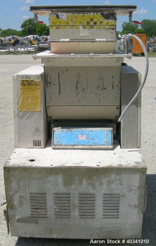 Used Cumberland grinder. Approximately 10" diameter x 24" wide 3 bolt-on blade open rotor. 13" x 19" top feed hopper, bottom discharge with screen. Driven by a 30 hp, 3/60/230/460 volt, 1760 rpm XP m...