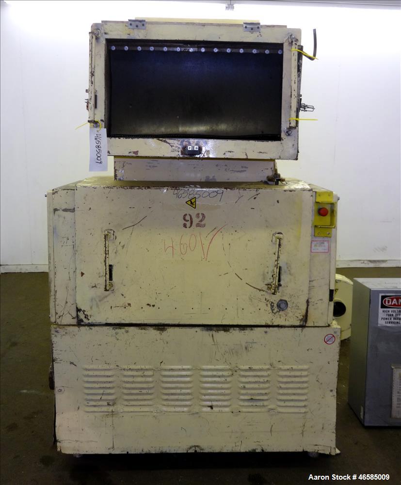 Used Grinder, Carbon Steel. Approximate 15" x 26" wide feed opening with tilt back pelican feed hopper. (3) bolt on tip blades, open rotor. Driven by a 75 hp, 3/60/230/460 volt, 1775 rpm motor. 1/2" ...