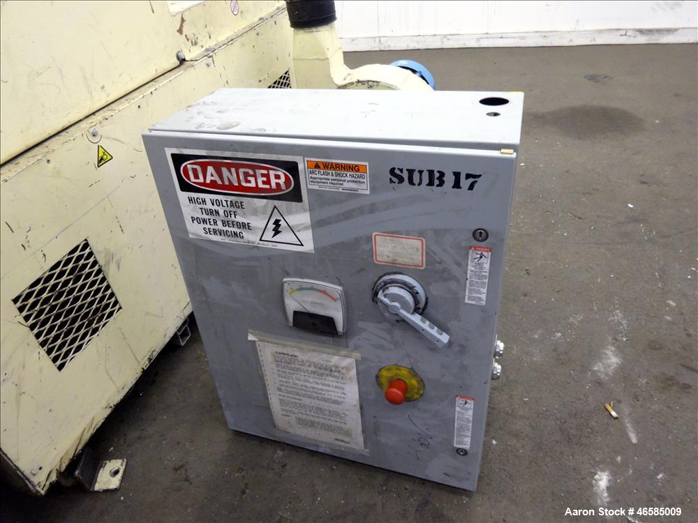 Used Grinder, Carbon Steel. Approximate 15" x 26" wide feed opening with tilt back pelican feed hopper. (3) bolt on tip blades, open rotor. Driven by a 75 hp, 3/60/230/460 volt, 1775 rpm motor. 1/2" ...