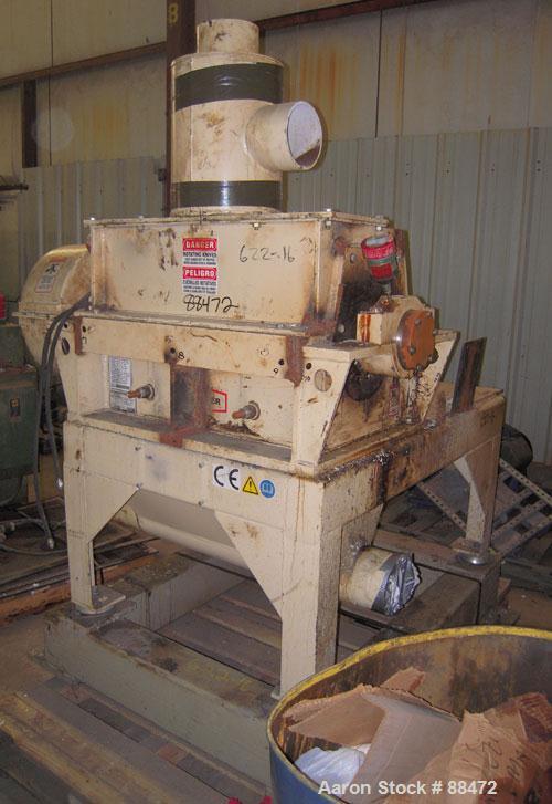 Used Entoleter Film Grinder, Model 1530F. Approximate 15" diameter x 30" wide 7 blade open rotor. Approximately 8" x 30" feed throat with a film hopper, set up for bottom blower discharge. Approximat...
