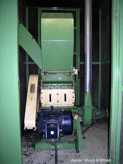 USED: Bruno Folcier plastics granulator system consisting of (1) model 1000X800X630. Approx 16" diameter x 24" wide open rotor with 3 bolt on blades, (2) fixed blades. Manual tilt back pelican style ...