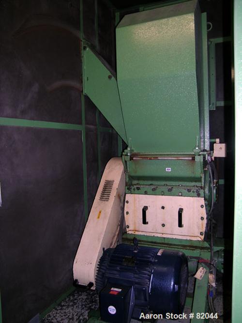 USED: Bruno Folcier plastics granulator system consisting of (1) model 1000X800X630. Approx 16" diameter x 24" wide open rotor with 3 bolt on blades, (2) fixed blades. Manual tilt back pelican style ...