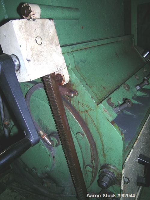 USED: Bruno Folcier plastics granulator system consisting of (1) model 1000X800X630. Approx 16" diameter x 24" wide open rotor with 3 bolt on blades, (2) fixed blades. Manual tilt back pelican style ...