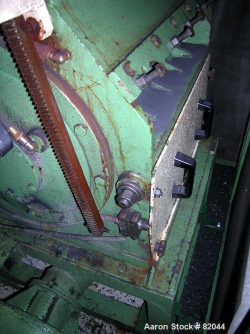USED: Bruno Folcier plastics granulator system consisting of (1) model 1000X800X630. Approx 16" diameter x 24" wide open rotor with 3 bolt on blades, (2) fixed blades. Manual tilt back pelican style ...