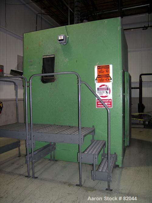 USED: Bruno Folcier plastics granulator system consisting of (1) model 1000X800X630. Approx 16" diameter x 24" wide open rotor with 3 bolt on blades, (2) fixed blades. Manual tilt back pelican style ...