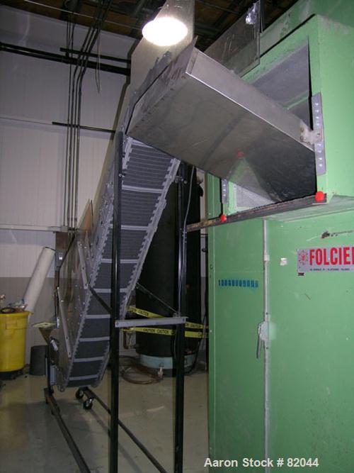 USED: Bruno Folcier plastics granulator system consisting of (1) model 1000X800X630. Approx 16" diameter x 24" wide open rotor with 3 bolt on blades, (2) fixed blades. Manual tilt back pelican style ...