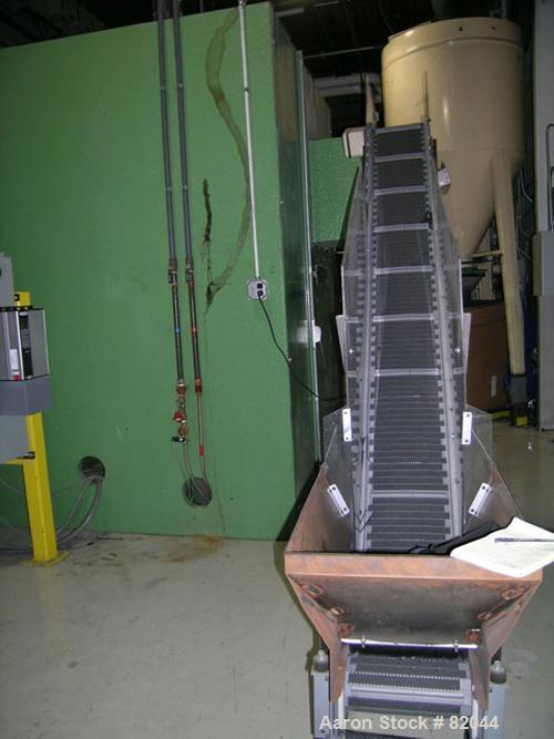USED: Bruno Folcier plastics granulator system consisting of (1) model 1000X800X630. Approx 16" diameter x 24" wide open rotor with 3 bolt on blades, (2) fixed blades. Manual tilt back pelican style ...