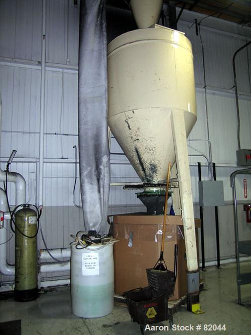 USED: Bruno Folcier plastics granulator system consisting of (1) model 1000X800X630. Approx 16" diameter x 24" wide open rotor with 3 bolt on blades, (2) fixed blades. Manual tilt back pelican style ...