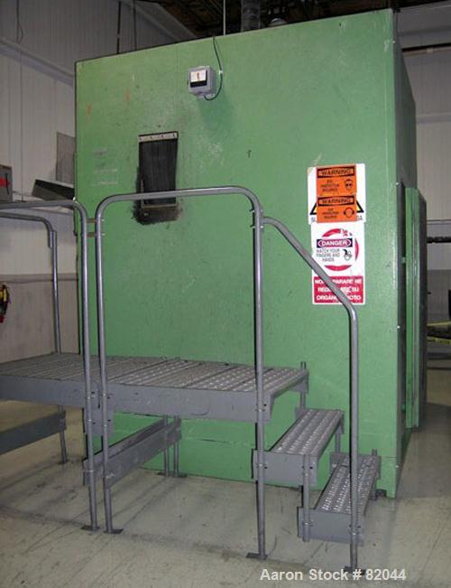 USED: Bruno Folcier plastics granulator system consisting of (1) model 1000X800X630. Approx 16" diameter x 24" wide open rotor with 3 bolt on blades, (2) fixed blades. Manual tilt back pelican style ...