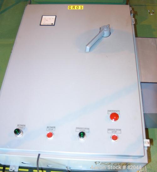 USED: Bruno Folcier plastics granulator system consisting of (1) model 1000X800X630. Approx 16" diameter x 24" wide open rotor with 3 bolt on blades, (2) fixed blades. Manual tilt back pelican style ...