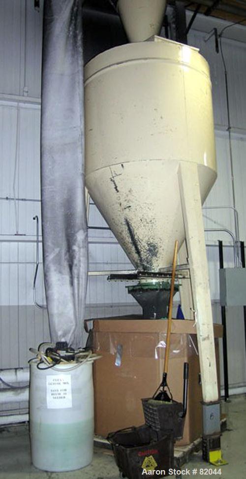 USED: Bruno Folcier plastics granulator system consisting of (1) model 1000X800X630. Approx 16" diameter x 24" wide open rotor with 3 bolt on blades, (2) fixed blades. Manual tilt back pelican style ...