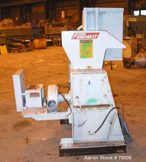 Used Foremost Grinder, Model 3E1. 12" wide 4 bolt-on blade open rotor, 2 bed knives, pelican feed, approximate 1/8" diameter screen holes, set up for bottom blower discharge. Requires an approximate ...