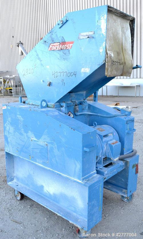 Used Foremost Granulator, Model HD5. Approximate 20" long 2 bolt on blade open rotor. Tilt back pelican feed hopper. Driven by a 30 hp, 3/60/230/460 volt, 1765 rpm motor. Includes a bottom collection...