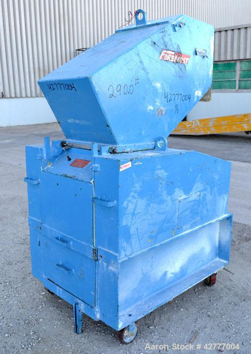 Used Foremost Granulator, Model HD5. Approximate 20" long 2 bolt on blade open rotor. Tilt back pelican feed hopper. Driven by a 30 hp, 3/60/230/460 volt, 1765 rpm motor. Includes a bottom collection...