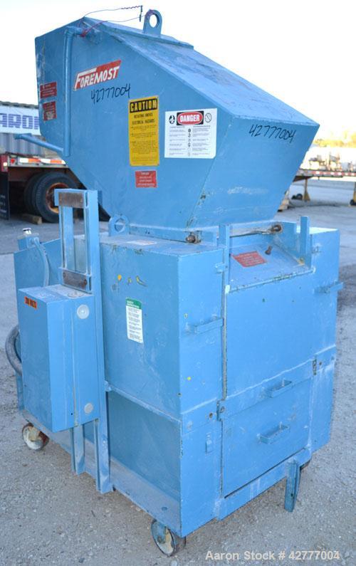 Used Foremost Granulator, Model HD5. Approximate 20" long 2 bolt on blade open rotor. Tilt back pelican feed hopper. Driven by a 30 hp, 3/60/230/460 volt, 1765 rpm motor. Includes a bottom collection...