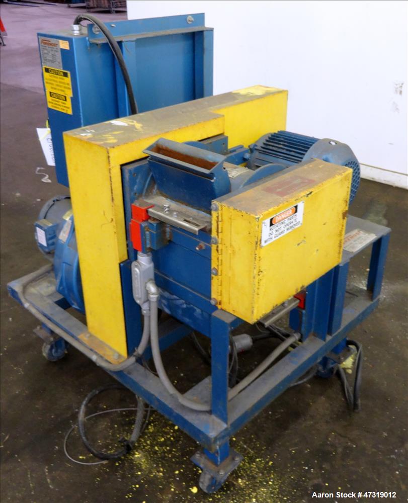 Used Foremost Hot Melt Granulator, Model HMG-1008. 10" x 8" feed throat. (4) Bolt-on blade open rotor. Inlet size 8" x 1". Driven by a 5hp, 3/60/575 volt, 1740 rpm motor. Set up for blower discharge,...