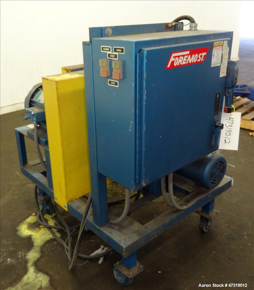 Used Foremost Hot Melt Granulator, Model HMG-1008. 10" x 8" feed throat. (4) Bolt-on blade open rotor. Inlet size 8" x 1". Driven by a 5hp, 3/60/575 volt, 1740 rpm motor. Set up for blower discharge,...