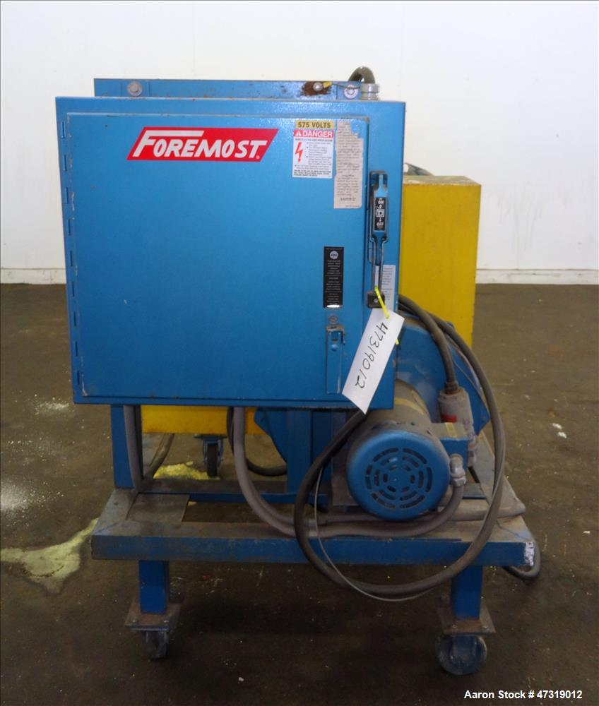 Used Foremost Hot Melt Granulator, Model HMG-1008. 10" x 8" feed throat. (4) Bolt-on blade open rotor. Inlet size 8" x 1". Driven by a 5hp, 3/60/575 volt, 1740 rpm motor. Set up for blower discharge,...