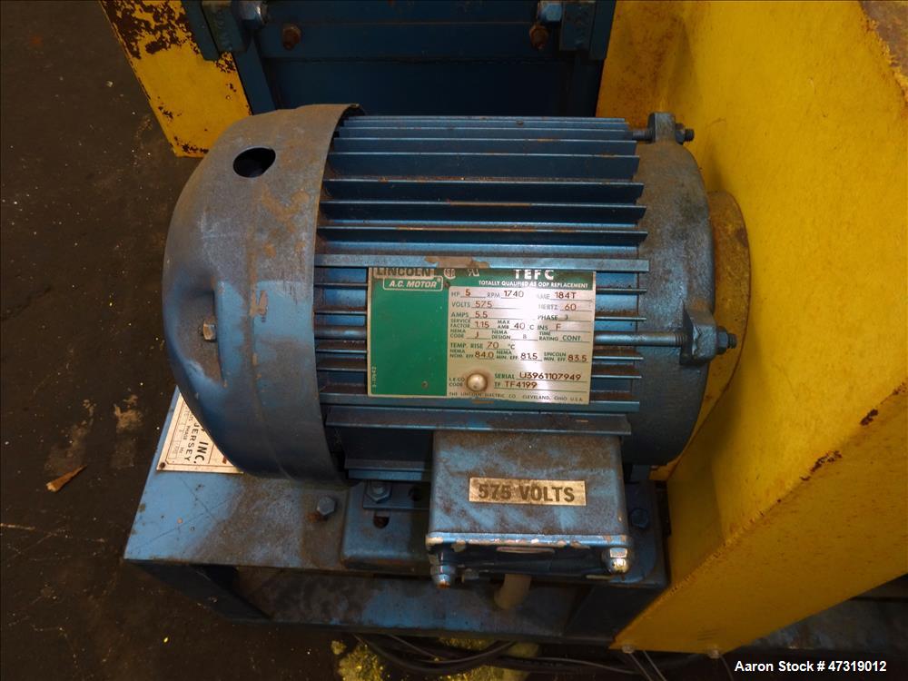 Used Foremost Hot Melt Granulator, Model HMG-1008. 10" x 8" feed throat. (4) Bolt-on blade open rotor. Inlet size 8" x 1". Driven by a 5hp, 3/60/575 volt, 1740 rpm motor. Set up for blower discharge,...