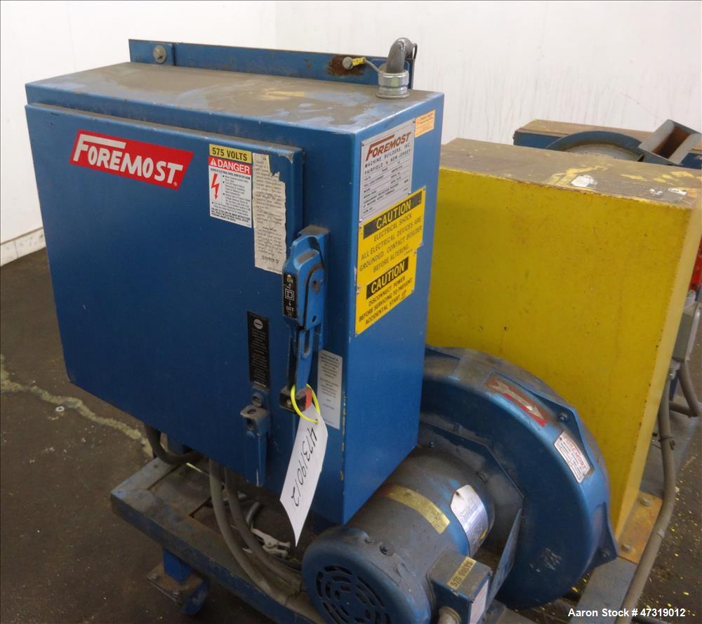Used Foremost Hot Melt Granulator, Model HMG-1008. 10" x 8" feed throat. (4) Bolt-on blade open rotor. Inlet size 8" x 1". Driven by a 5hp, 3/60/575 volt, 1740 rpm motor. Set up for blower discharge,...