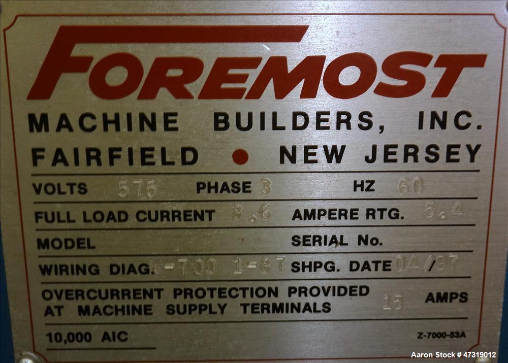 Used Foremost Hot Melt Granulator, Model HMG-1008. 10" x 8" feed throat. (4) Bolt-on blade open rotor. Inlet size 8" x 1". Driven by a 5hp, 3/60/575 volt, 1740 rpm motor. Set up for blower discharge,...