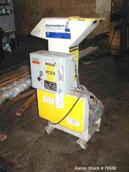 Used Gloucester Granulator. 6" x 8" Feed opening. (2) Fly knives, (1) bed configuation. 5 hp motor. Portable on wheels.