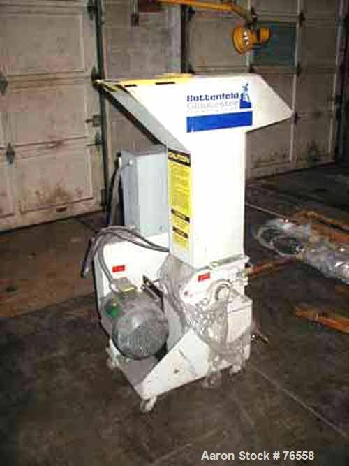 Used Gloucester Granulator. 6" x 8" Feed opening. (2) Fly knives, (1) bed configuation. 5 hp motor. Portable on wheels.